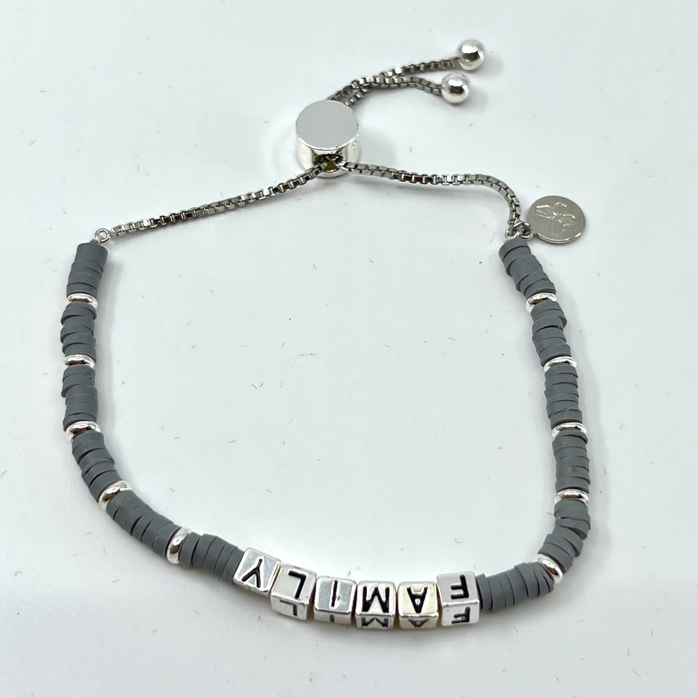 Vintage Y2K Retro Gray Heishi Bead Adjustable Family Bracelet Silver Tone Metal